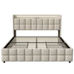 Lit coffre 160x200 cm en tissu beige avec tête rembourrée, LED, ports USB, 4 tiroirs et sommier à lattes, sans matelas