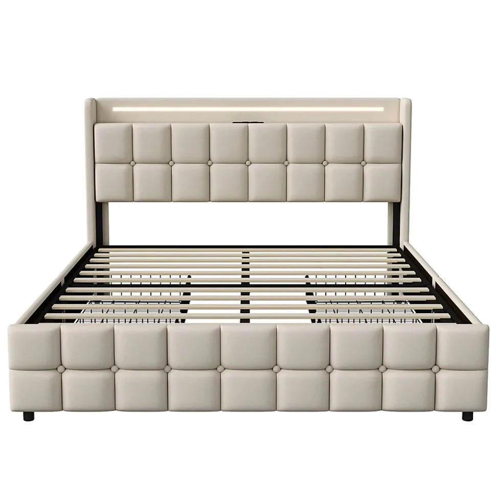 Lit coffre 160x200 cm en tissu beige avec tête rembourrée, LED, ports USB, 4 tiroirs et sommier à lattes, sans matelas