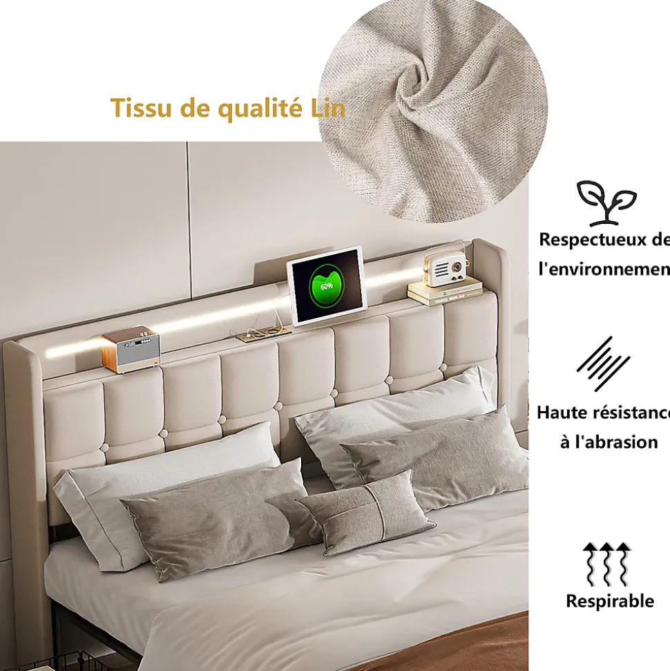 Lit coffre 160x200 cm en tissu beige avec tête rembourrée, LED, ports USB, 4 tiroirs et sommier à lattes, sans matelas