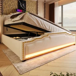Lit coffre 160x200 cm en velours beige avec rangement hydraulique eclairage LED multicolore et ports USB C