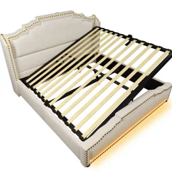 Lit coffre 160x200 cm en velours beige avec rangement hydraulique eclairage LED multicolore et ports USB C