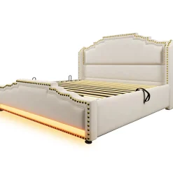 Lit coffre 160x200 cm en velours beige avec rangement hydraulique eclairage LED multicolore et ports USB C