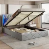 Lit coffre 160x200 cm en velours gris givré avec lampe latérale sur la tête de lit, rangement hydraulique, facile à monter