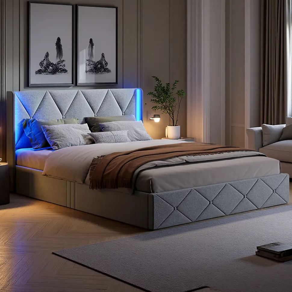 Lit coffre 160x200 cm en velours gris givré avec lampe latérale sur la tête de lit, rangement hydraulique, facile à monter