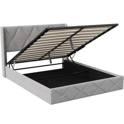 Lit coffre 160x200 cm en velours gris givré avec lampe latérale sur la tête de lit, rangement hydraulique, facile à monter