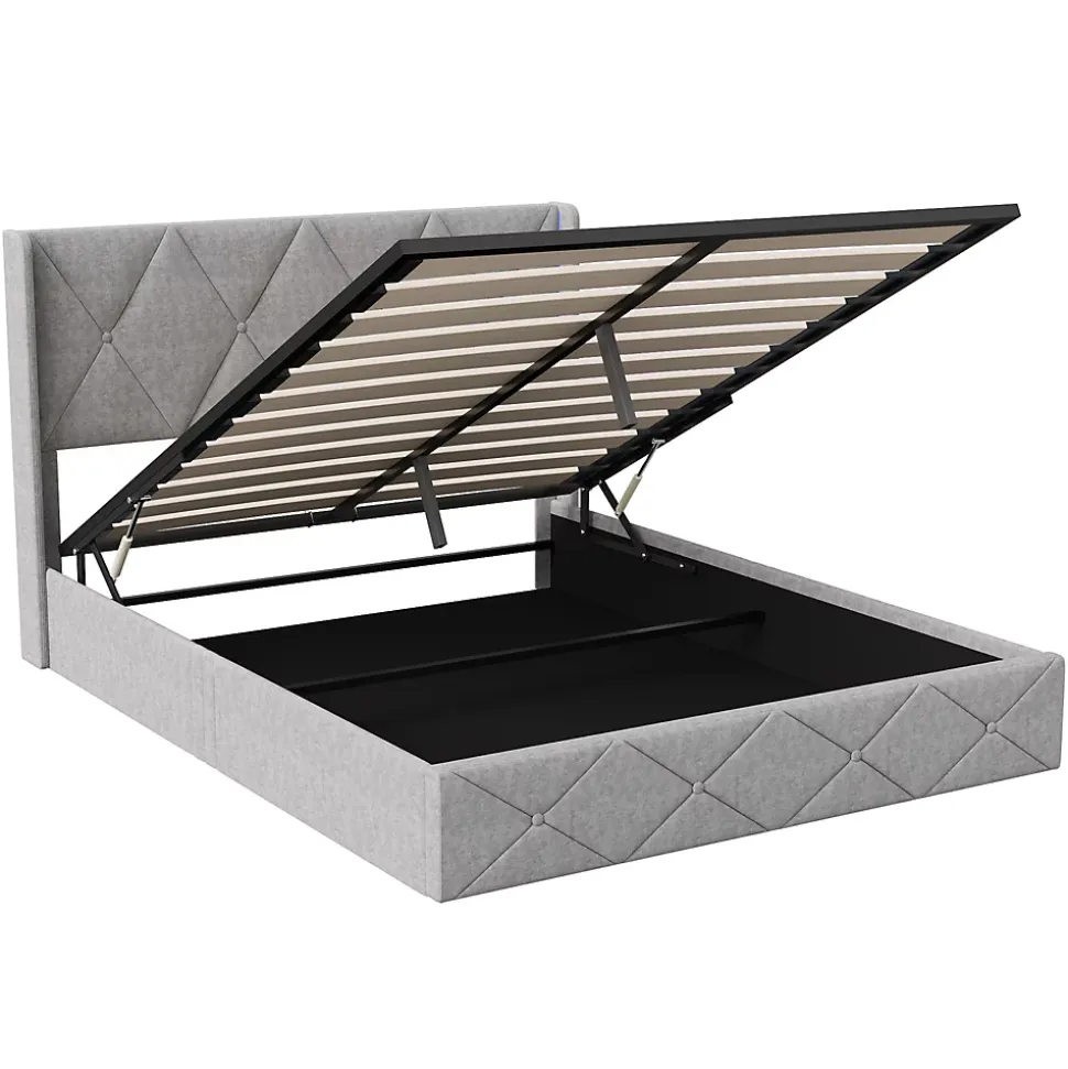 Lit coffre 160x200 cm en velours gris givré avec lampe latérale sur la tête de lit, rangement hydraulique, facile à monter