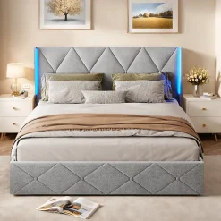 Lit coffre 160x200 cm en velours gris givré avec lampe latérale sur la tête de lit, rangement hydraulique, facile à monter