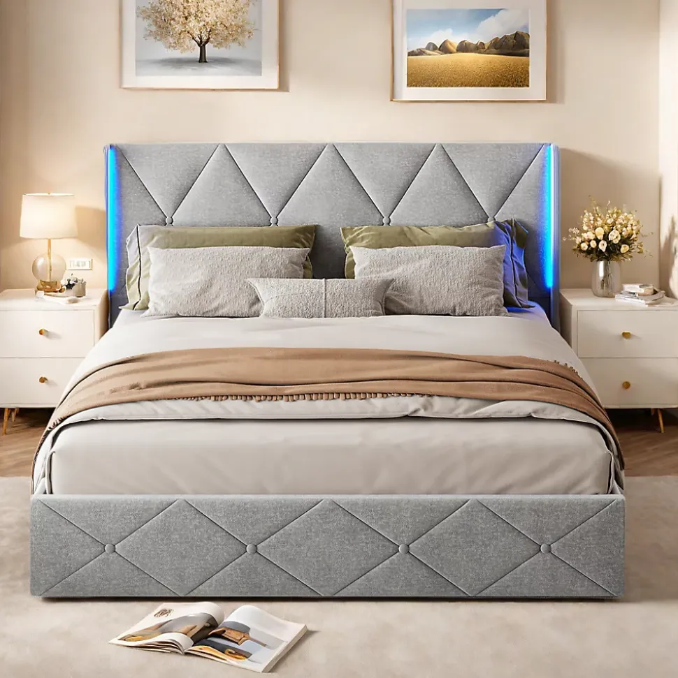 Lit coffre 160x200 cm en velours gris givré avec lampe latérale sur la tête de lit, rangement hydraulique, facile à monter