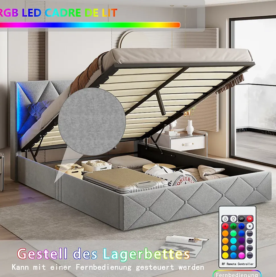 Lit coffre 160x200 cm en velours gris givré avec lampe latérale sur la tête de lit, rangement hydraulique, facile à monter