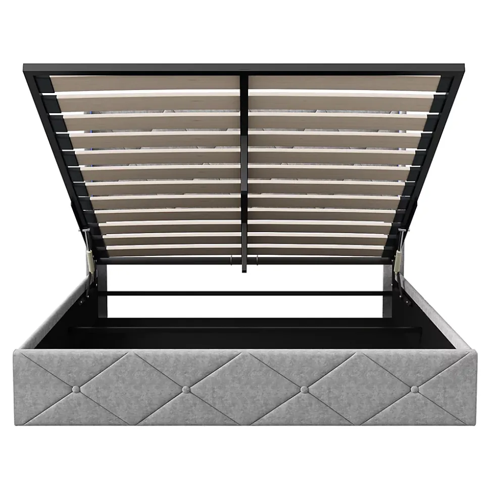 Lit coffre 160x200 cm en velours gris givré avec lampe latérale sur la tête de lit, rangement hydraulique, facile à monter