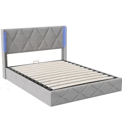 Lit coffre 160x200 cm en velours gris givré avec lampe latérale sur la tête de lit, rangement hydraulique, facile à monter