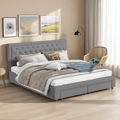 Lit coffre 180x200 cm en velours gris avec tête de lit réglable, tiroirs et sommier à lattes en bois