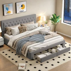 Lit coffre 180x200 cm en velours gris avec tête de lit réglable, tiroirs et sommier à lattes en bois