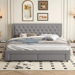 Lit coffre 180x200 cm en velours gris avec tête de lit réglable, tiroirs et sommier à lattes en bois