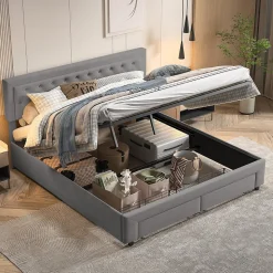 Lit coffre 180x200 cm en velours gris avec tête de lit réglable, tiroirs et sommier à lattes en bois