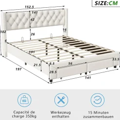 Lit coffre 140x190 cm en velours beige, tête de lit cloutée, 2 tiroirs, ports USB, poches latérales, bande LED amovible