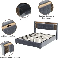 Lit coffre 140x200 cm en velours gris avec tête de lit LED 7 couleurs, prises USB/Type-C, rangements et vérins hydrauliques