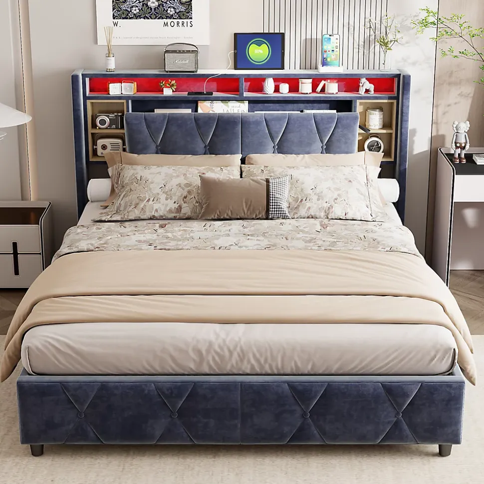 Lit coffre 140x200 cm en velours gris avec tête de lit LED 7 couleurs, prises USB/Type-C, rangements et vérins hydrauliques