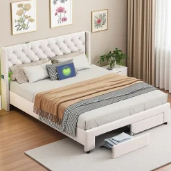 Lit coffre 140x190 cm en velours beige, tête de lit cloutée, 2 tiroirs, ports USB, poches latérales, bande LED amovible