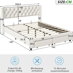 Lit coffre 140x190 cm en velours beige, tête de lit cloutée, 2 tiroirs, ports USB, poches latérales, bande LED amovible