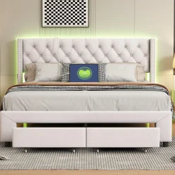Lit coffre 140x190 cm en velours beige, tête de lit cloutée, 2 tiroirs, ports USB, poches latérales, bande LED amovible