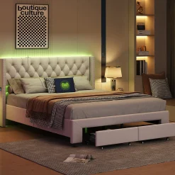Lit coffre 140x190 cm en velours beige, tête de lit cloutée, 2 tiroirs, ports USB, poches latérales, bande LED amovible