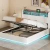 Lit coffre 140x200 cm en velours avec tête de lit rangements, LED, ports USB, Lit double avec espace de rangement, Blanc