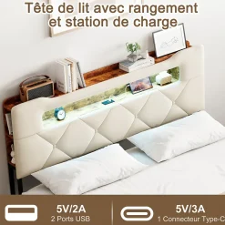 Lit coffre 140x190 cm en velours beige avec tête de lit lumineuse et port de charge, 4 tiroirs de rangement, structure métal