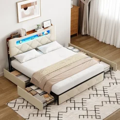 Lit coffre 140x190 cm en velours beige avec tête de lit lumineuse et port de charge, 4 tiroirs de rangement, structure métal