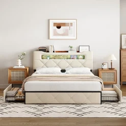 Lit coffre 140x190 cm en velours beige avec tête de lit lumineuse et port de charge, 4 tiroirs de rangement, structure métal