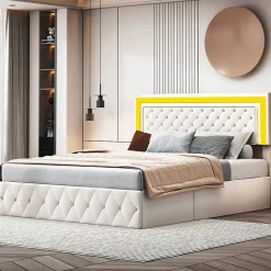 Lit coffre 160x200 cm en velours - avec LED et sommier à lattes - Lit double de rangement - avec tête de lit réglable - Beige