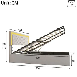 Lit coffre 160x200 cm en velours - avec LED et sommier à lattes - Lit double de rangement - avec tête de lit réglable - Beige