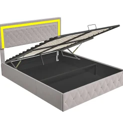 Lit coffre 160x200 cm en velours - avec LED et sommier à lattes - Lit double de rangement - avec tête de lit réglable - Beige