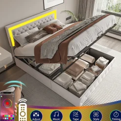 Lit coffre 160x200 cm en velours - avec LED et sommier à lattes - Lit double de rangement - avec tête de lit réglable - Beige