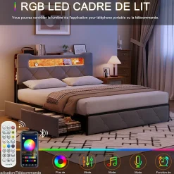Lit coffre 140x200 cm en velours gris avec tête de lit lumineuse et chargeur intégré, 4 tiroirs de rangement, structure métal