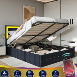 Lit coffre 160x200 cm en velours - avec LED et sommier à lattes - Lit double de rangement - avec tête de lit réglable - Noir