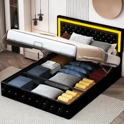 Lit coffre 160x200 cm en velours - avec LED et sommier à lattes - Lit double de rangement - avec tête de lit réglable - Noir