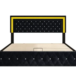 Lit coffre 160x200 cm en velours - avec LED et sommier à lattes - Lit double de rangement - avec tête de lit réglable - Noir