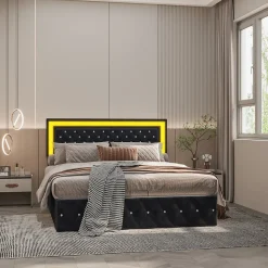 Lit coffre 160x200 cm en velours - avec LED et sommier à lattes - Lit double de rangement - avec tête de lit réglable - Noir