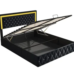 Lit coffre 160x200 cm en velours - avec LED et sommier à lattes - Lit double de rangement - avec tête de lit réglable - Noir