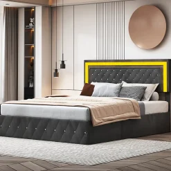 Lit Coffre 160x200 Cm En Velours - Avec LED Et Sommier à Lattes - Lit Double De Rangement - Noir