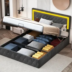 Lit Coffre 160x200 Cm En Velours - Avec LED Et Sommier à Lattes - Lit Double De Rangement - Noir