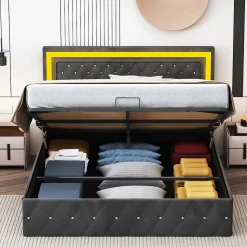 Lit Coffre 160x200 Cm En Velours - Avec LED Et Sommier à Lattes - Lit Double De Rangement - Noir