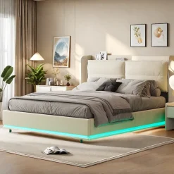 Lit coffre 160x200 cm en velours, LED + USB/Type-C, sommier à lattes, rangement, lit double, Beige