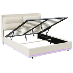 Lit coffre 160x200 cm en velours, LED + USB/Type-C, sommier à lattes, rangement, lit double, Beige