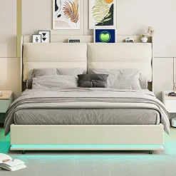 Lit coffre 160x200 cm en velours, LED + USB/Type-C, sommier à lattes, rangement, lit double, Beige