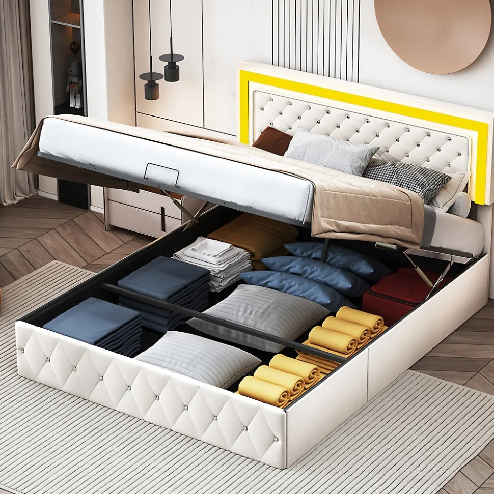 Lit coffre 140x200 cm en velours - avec LED et sommier à lattes - Lit double de rangement - avec tête de lit réglable - Beige