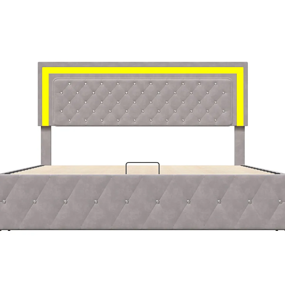 Lit coffre 140x200 cm en velours - avec LED et sommier à lattes - Lit double de rangement - avec tête de lit réglable - Beige