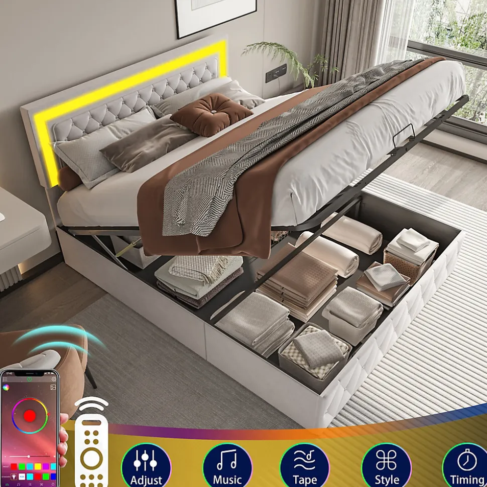 Lit coffre 140x200 cm en velours - avec LED et sommier à lattes - Lit double de rangement - avec tête de lit réglable - Beige