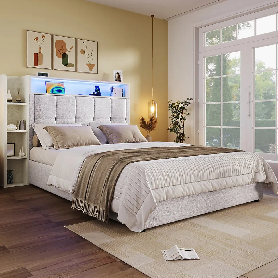 Lit coffre 90x200 cm enfant/ado - Lit Coffre Capitonné avec Rangement, LED et USB Type-C - Tissu Lin, Beige